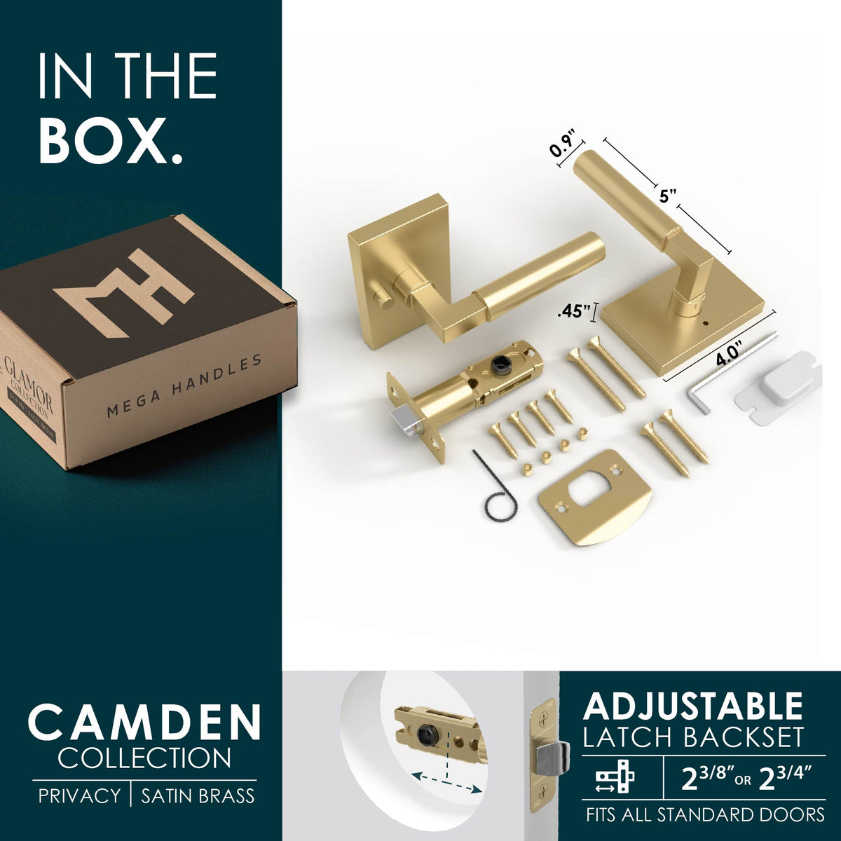 Camden Satin Brass privacy set with cylindrical levers, latch, screws, tools, and rectangular rosettes
