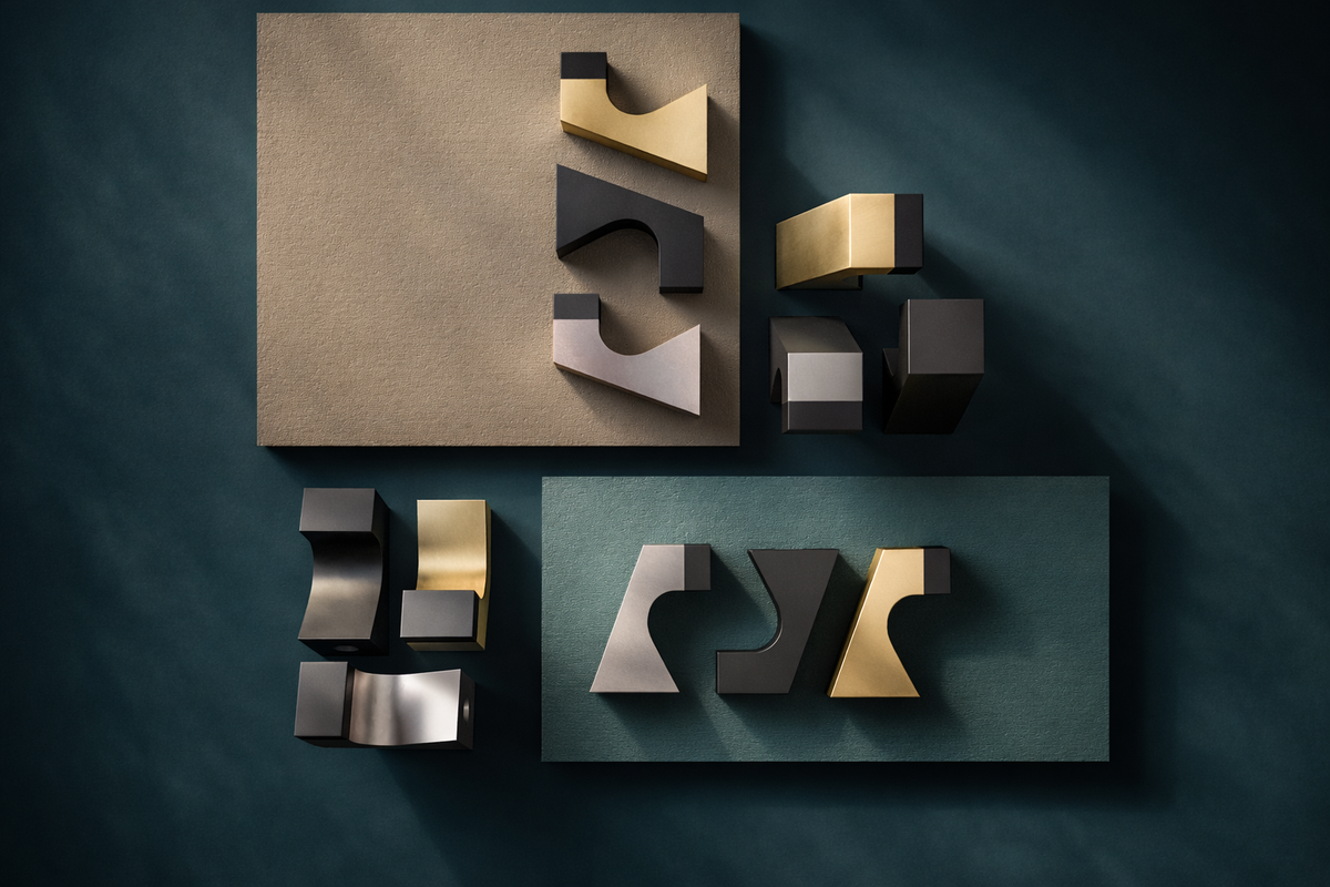 Sculptural Curved Door Stoppers in brass, nickel and black finishes arranged in a modern display