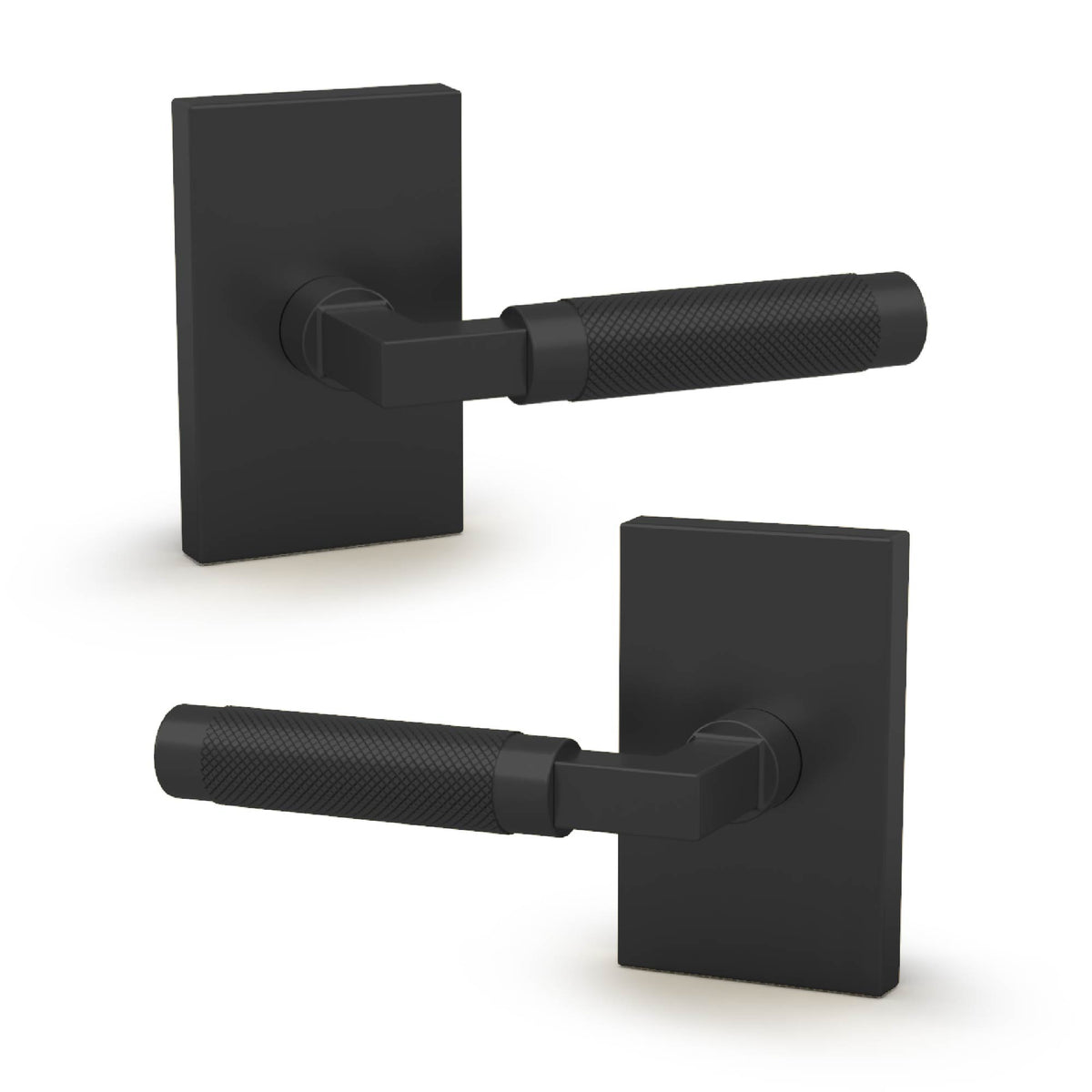 Front and rear views of the Ellis matte black dummy lever with diamond-knurled grip and rectangular rosette