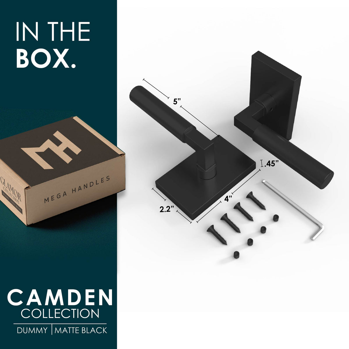 Camden Matte Black dummy lever pair with rectangular rosettes, screws, hex key, and packaging