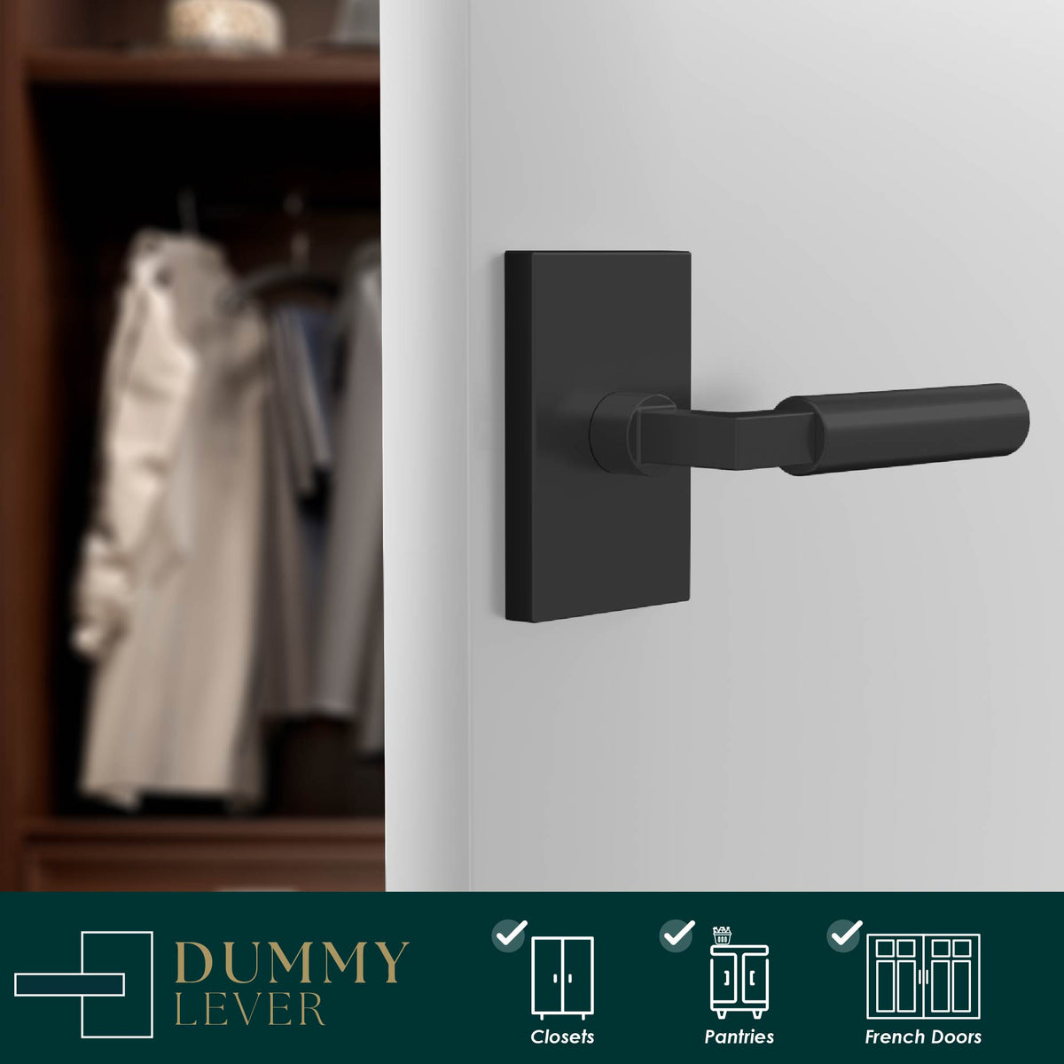 Camden Matte Black cylindrical dummy lever installed on a light wardrobe door