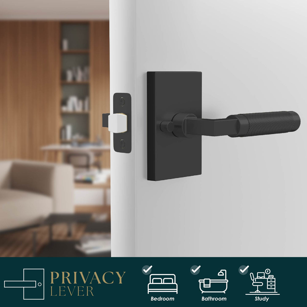 Ellis matte black knurled privacy lever installed on a dark interior door