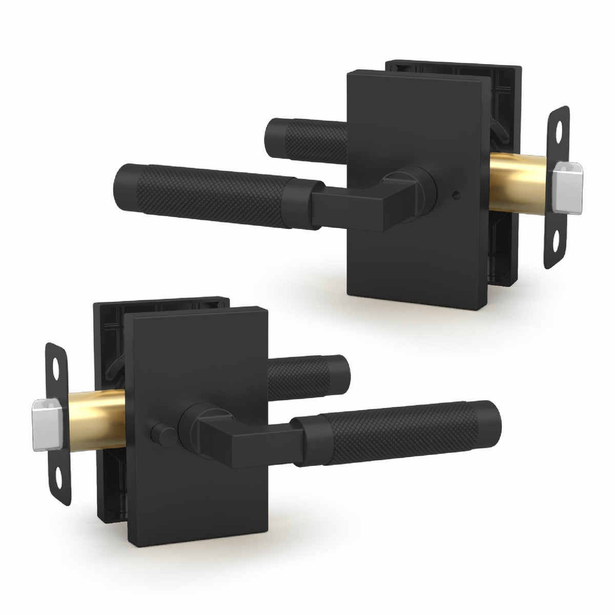 Two angled views of the Ellis matte black passage lever with rectangular rosettes and tubular latch