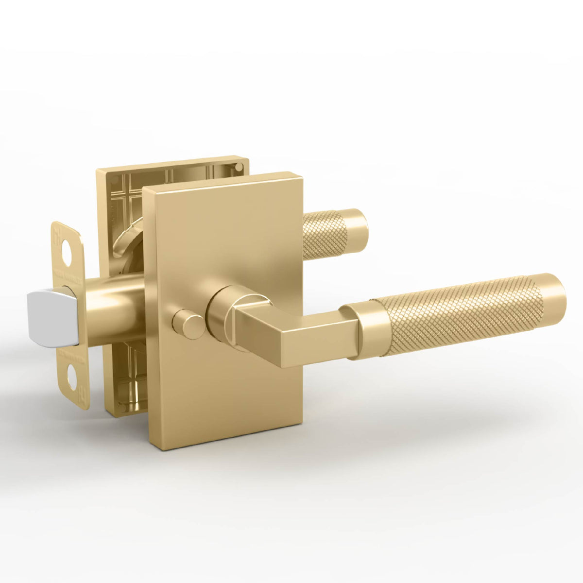 Ellis satin brass privacy lever front and rear assemblies with rectangular rosettes and tubular latch