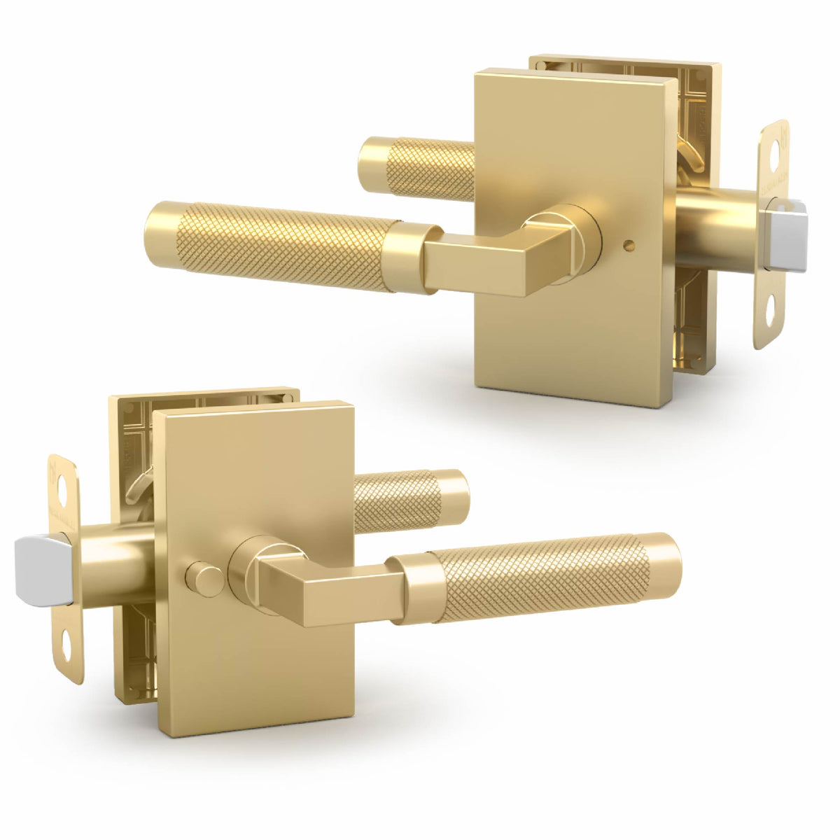 Two angled views of the Ellis satin brass privacy lever showing the latch and knurled handle
