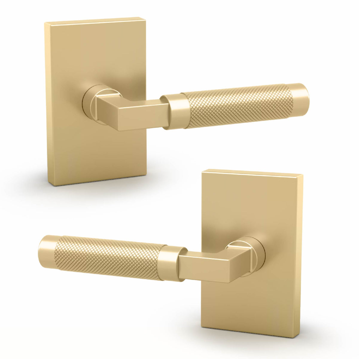 Two angled views of the Ellis satin brass dummy lever with diamond-knurled cylindrical grip