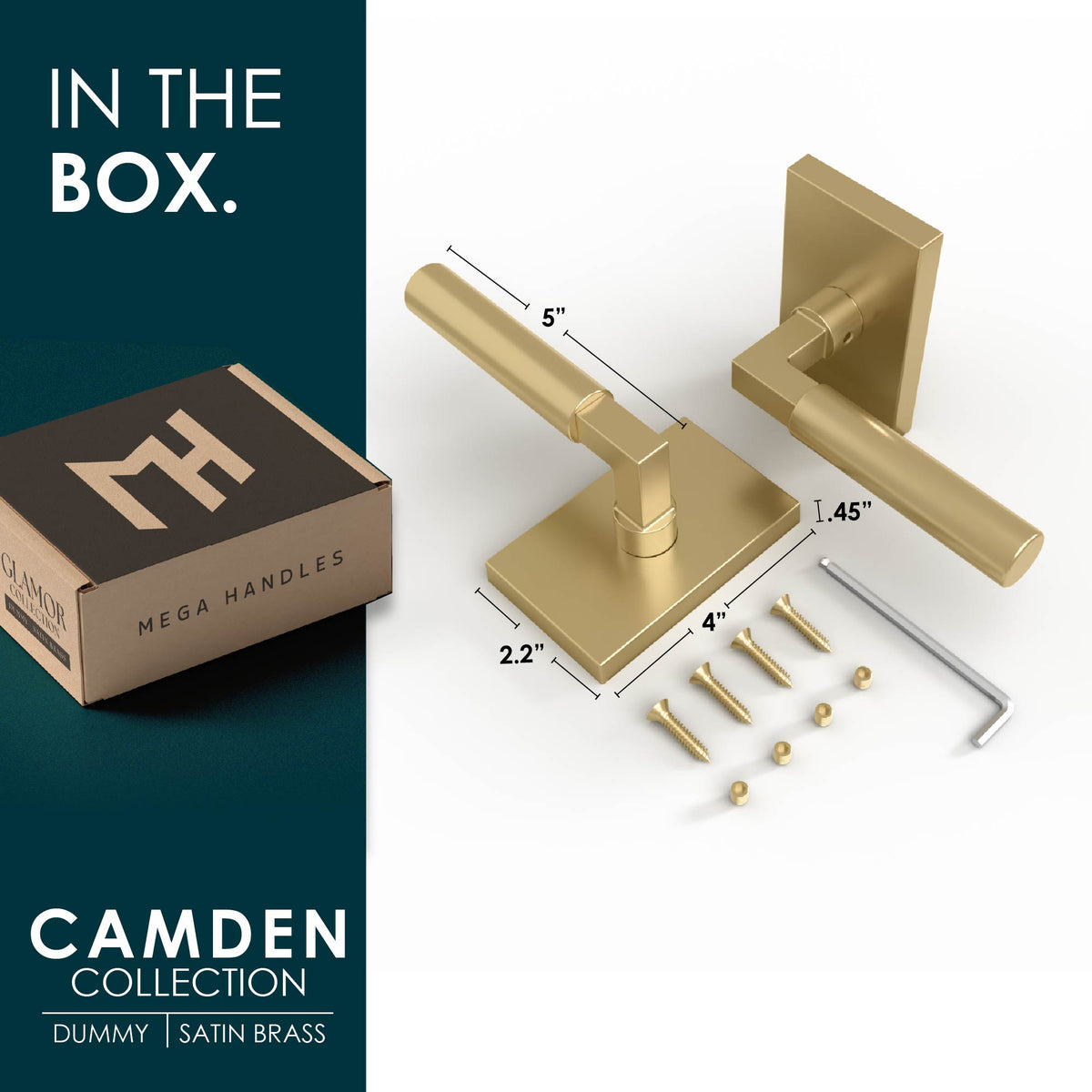 Camden Satin Brass dummy lever pair with rectangular rosettes, screws, hex key, and packaging