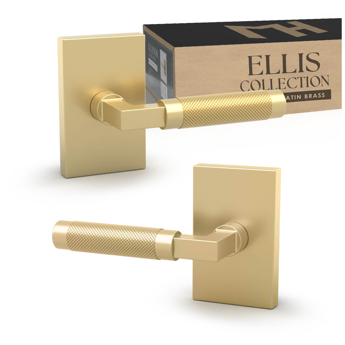 Ellis satin brass dummy lever front and rear views displayed with branded product box