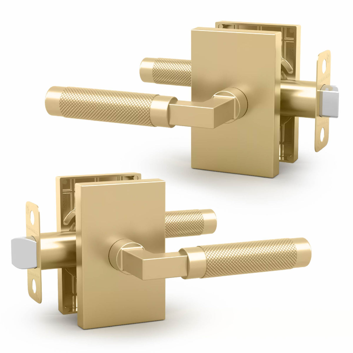 Two angled views of the Ellis satin brass passage lever with knurled grip, rectangular rosettes and latch