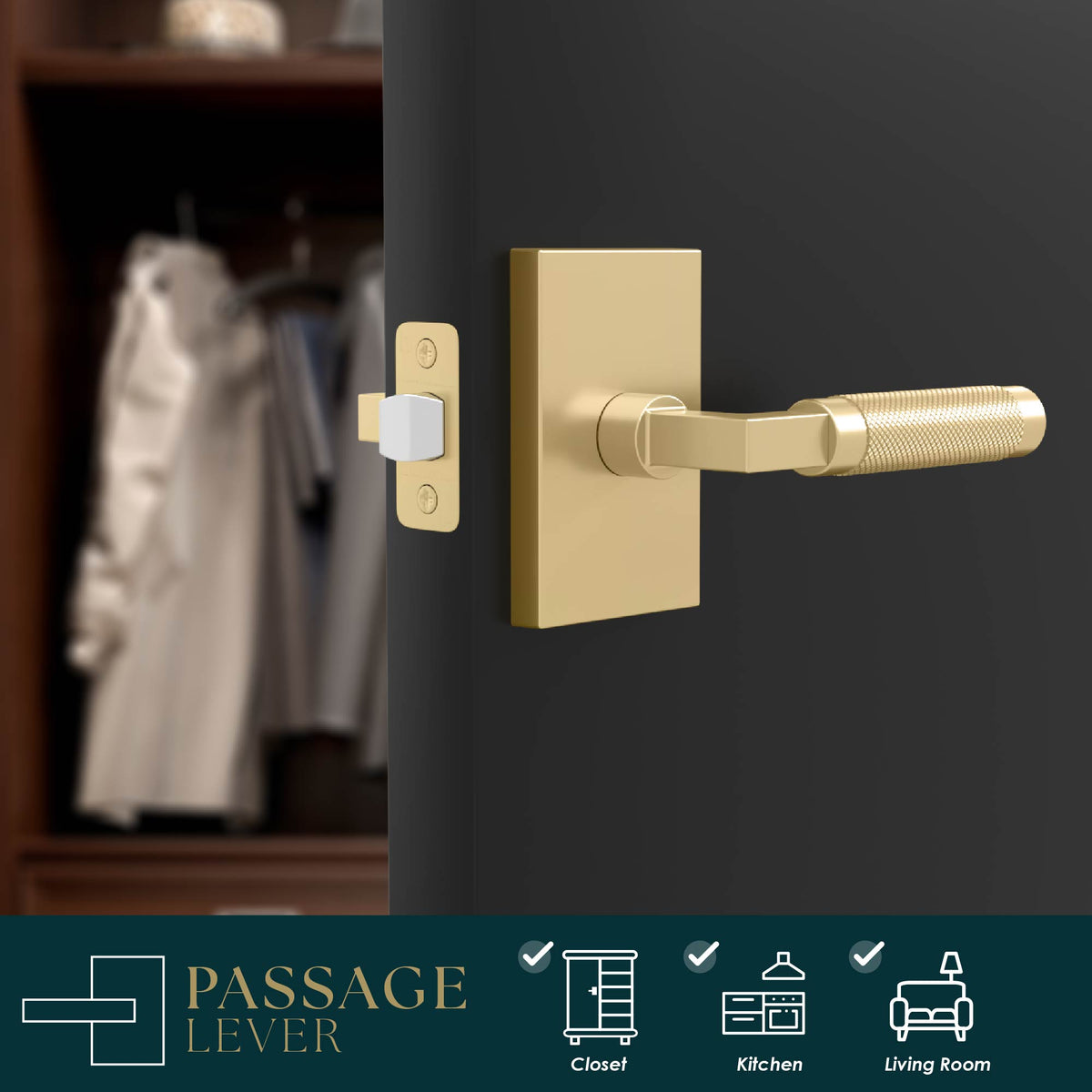 Ellis satin brass knurled passage lever installed on a dark interior door