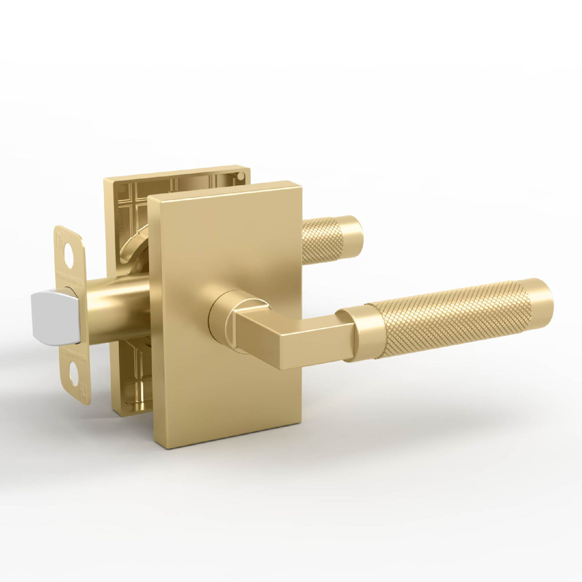 Two angled views of the Ellis satin brass passage lever with knurled grips, rectangular rosettes and latch