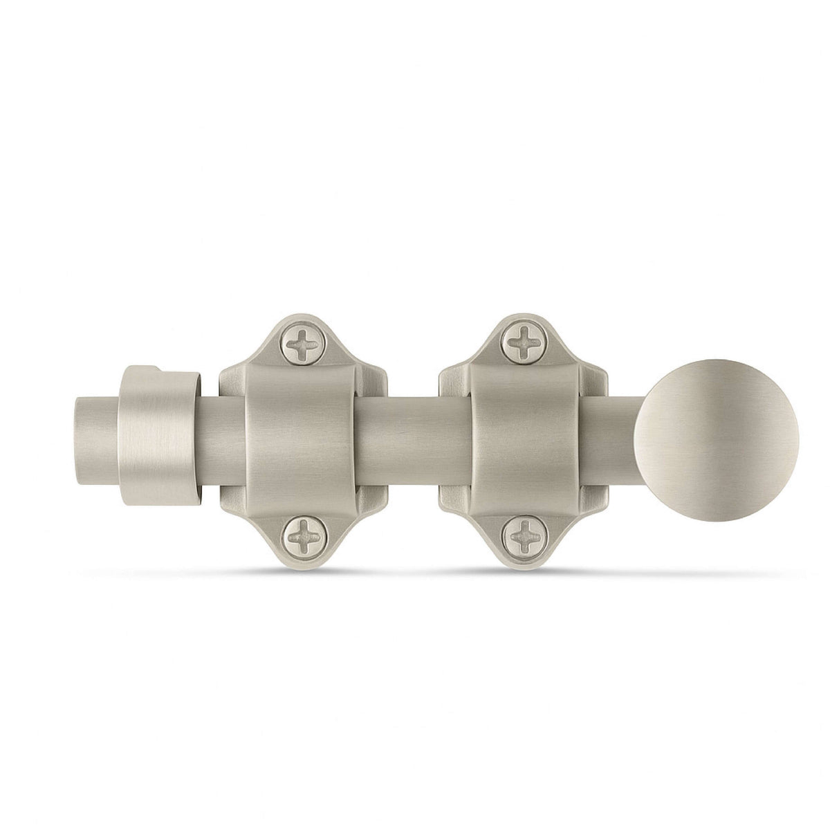 Satin nickel Dutch Door Bolt side view showing sliding barrel, twin mounting brackets and round knob