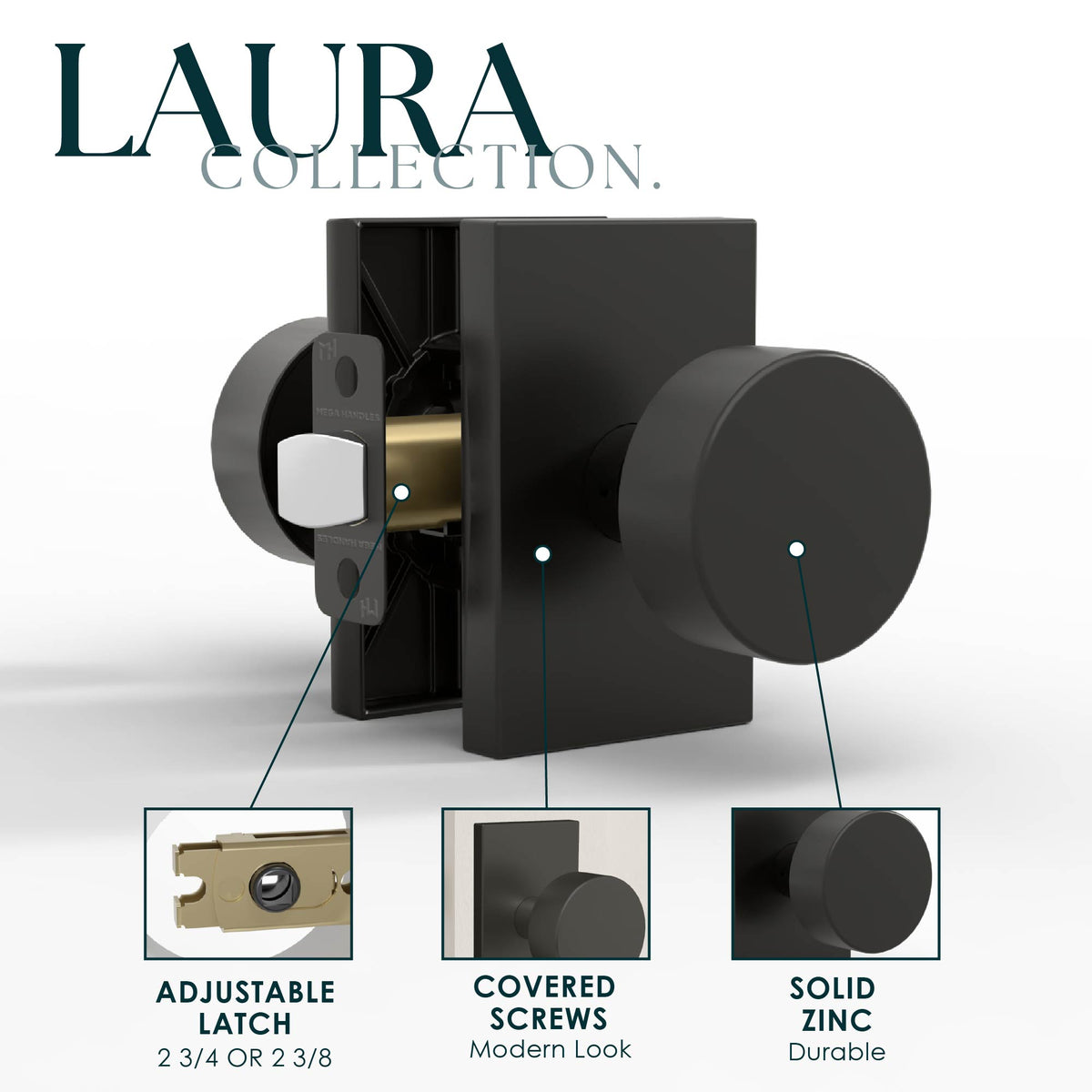 Close-up of a Laura Matte Black passage knob installed on a light door