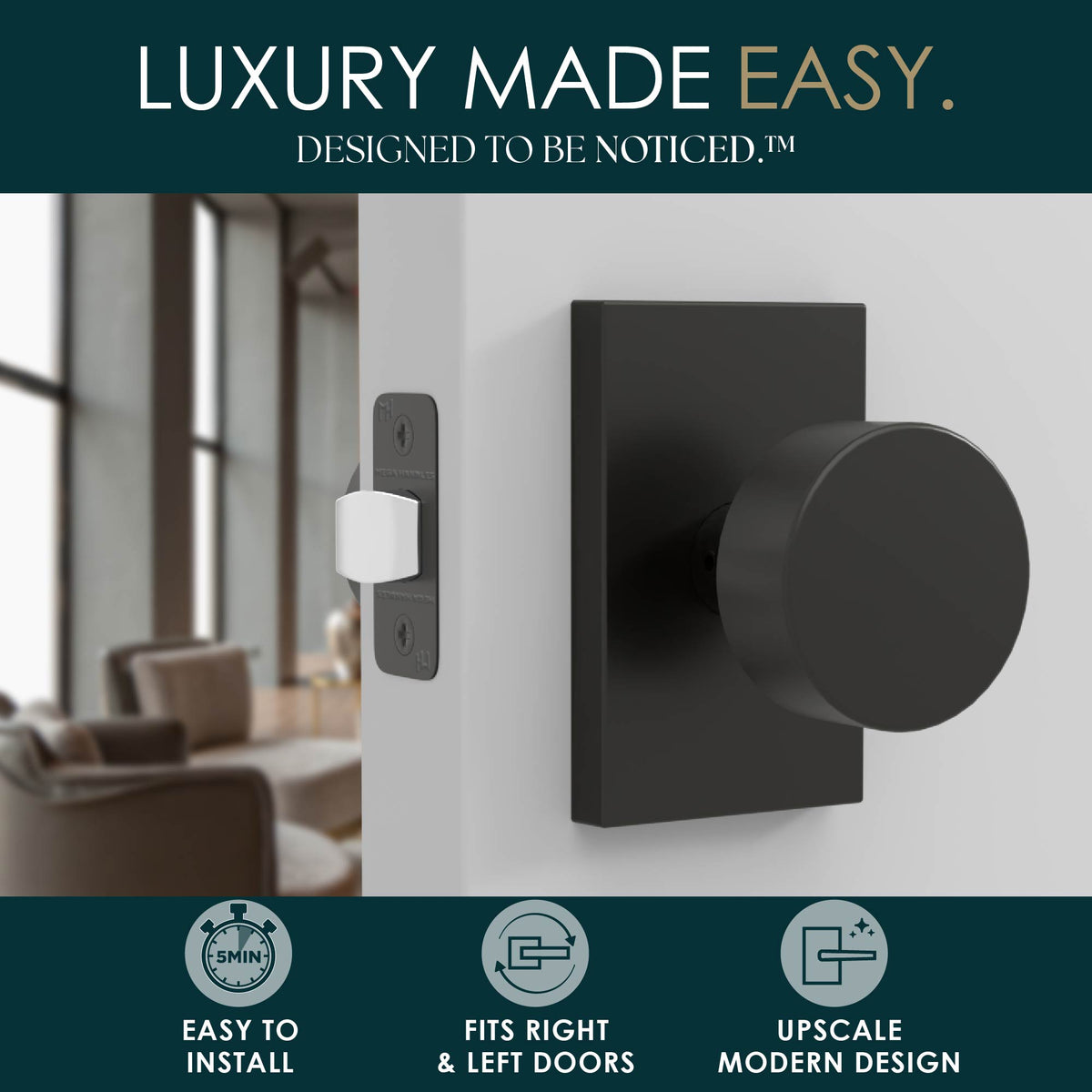 Laura Matte Black passage knob set beside Laura packaging