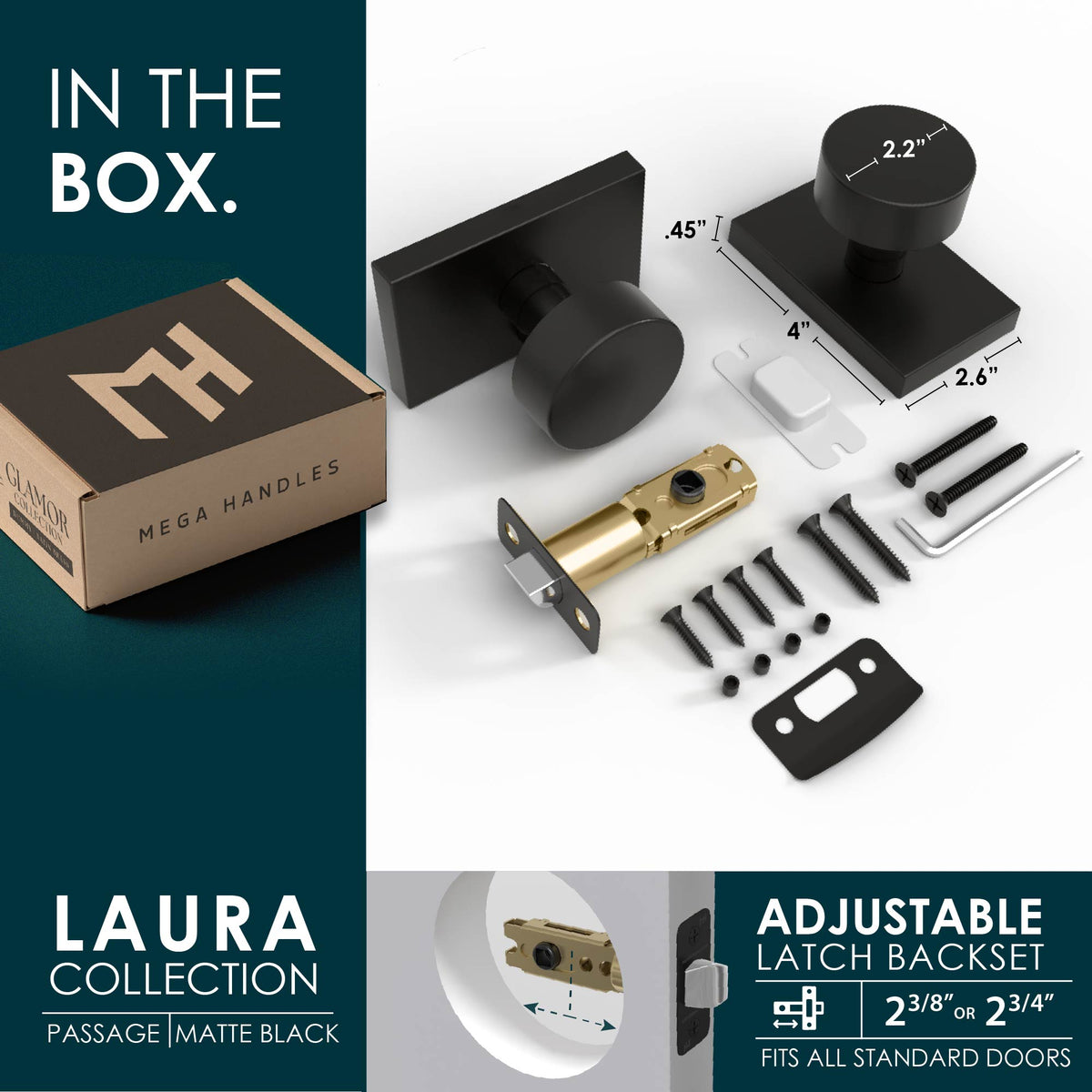 Laura Matte Black passage knob installed on a dark door in a lifestyle graphic