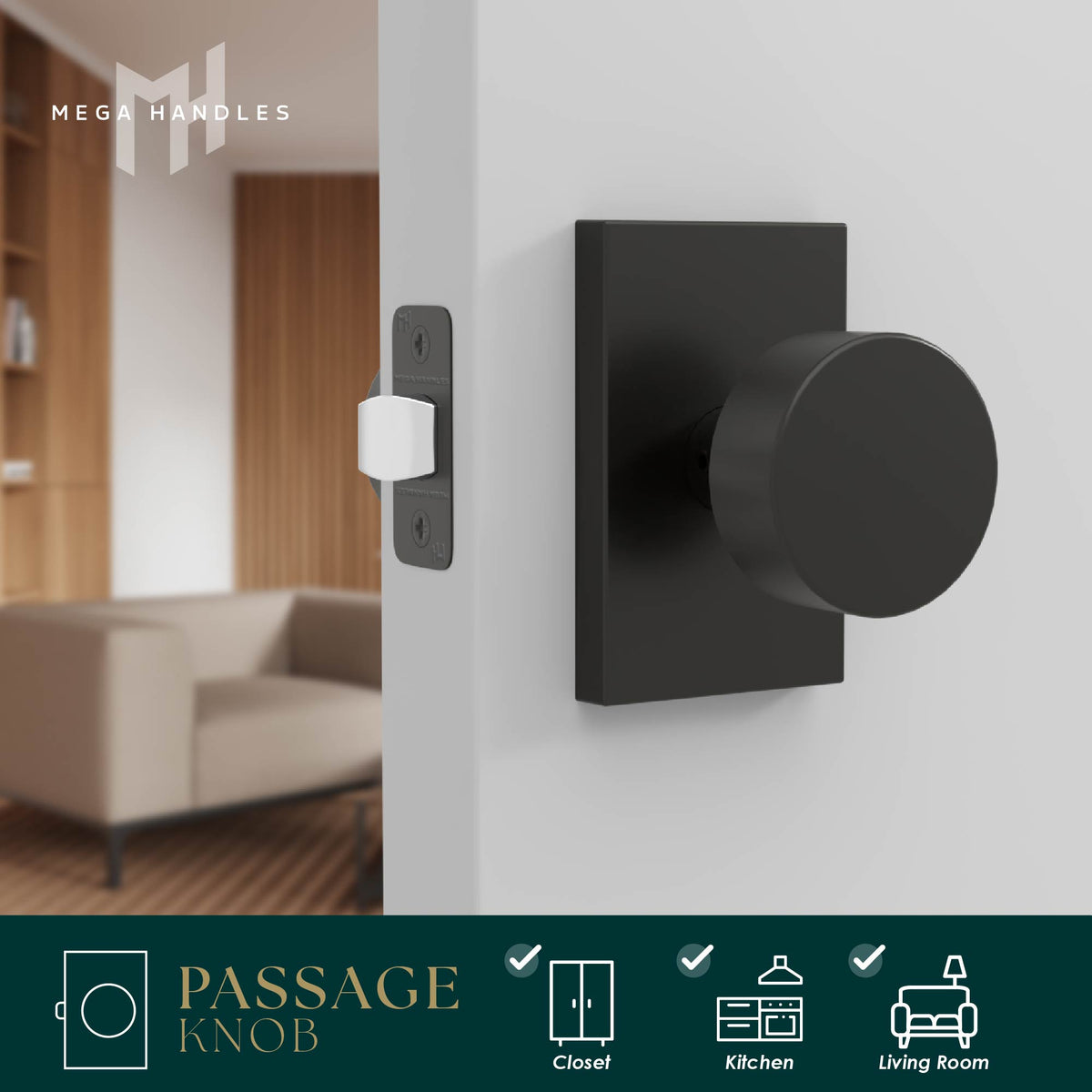 Front and rear views of Laura Matte Black passage knobs on rectangular rosettes