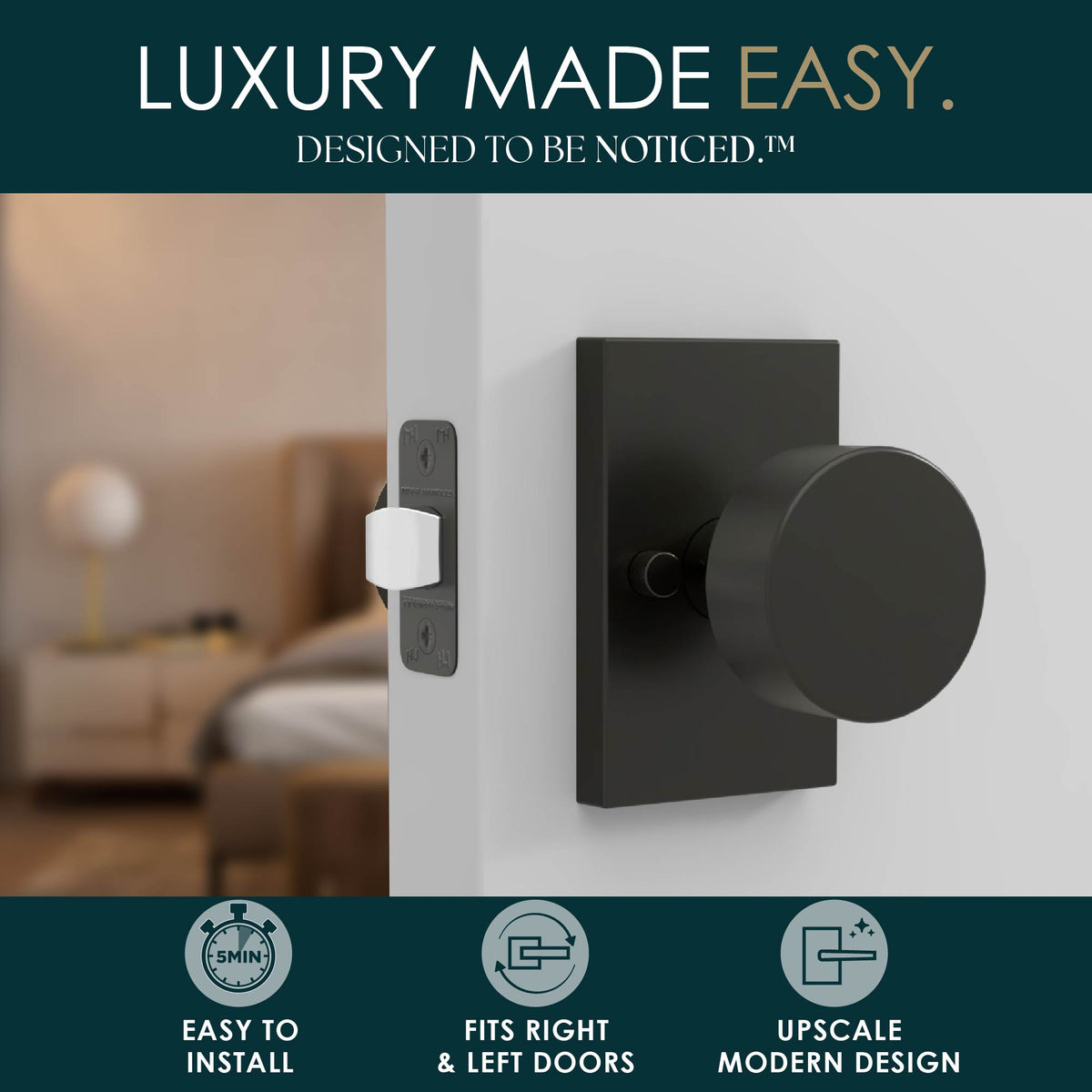 Laura Matte Black privacy knob installed on a dark door with latch visible