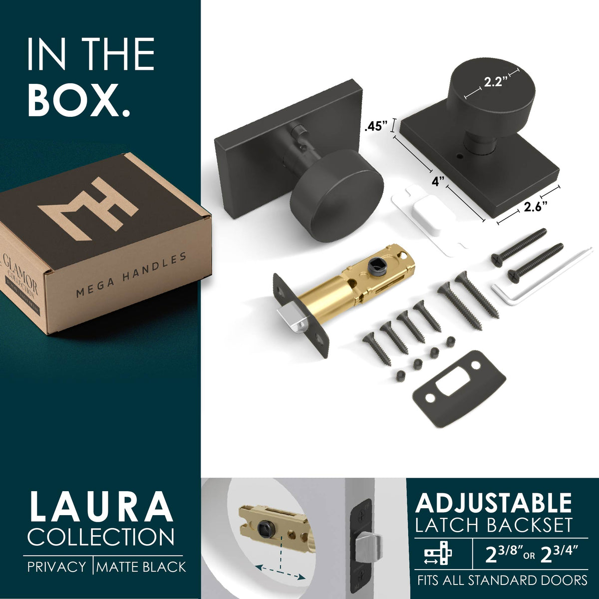Laura Matte Black privacy set with knob, latch, screws, hex key, and packaging
