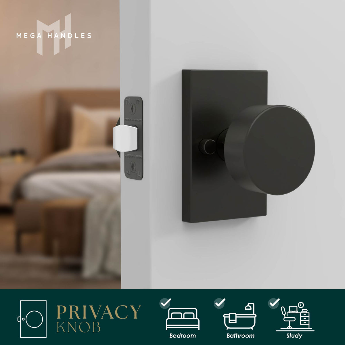 Laura Matte Black privacy knob installed on a dark bedroom door