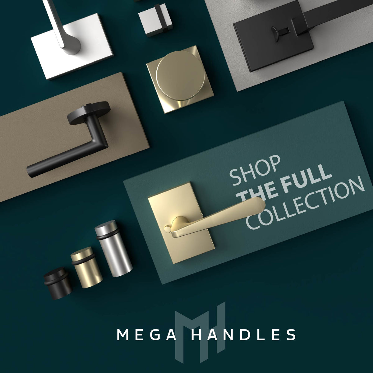Assorted Emeluxe door handles and knobs in a collection graphic