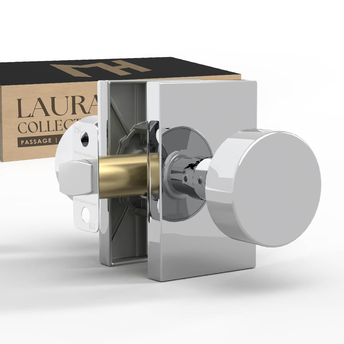 Front and rear views of Laura Polished Chrome passage knobs on rectangular rosettes