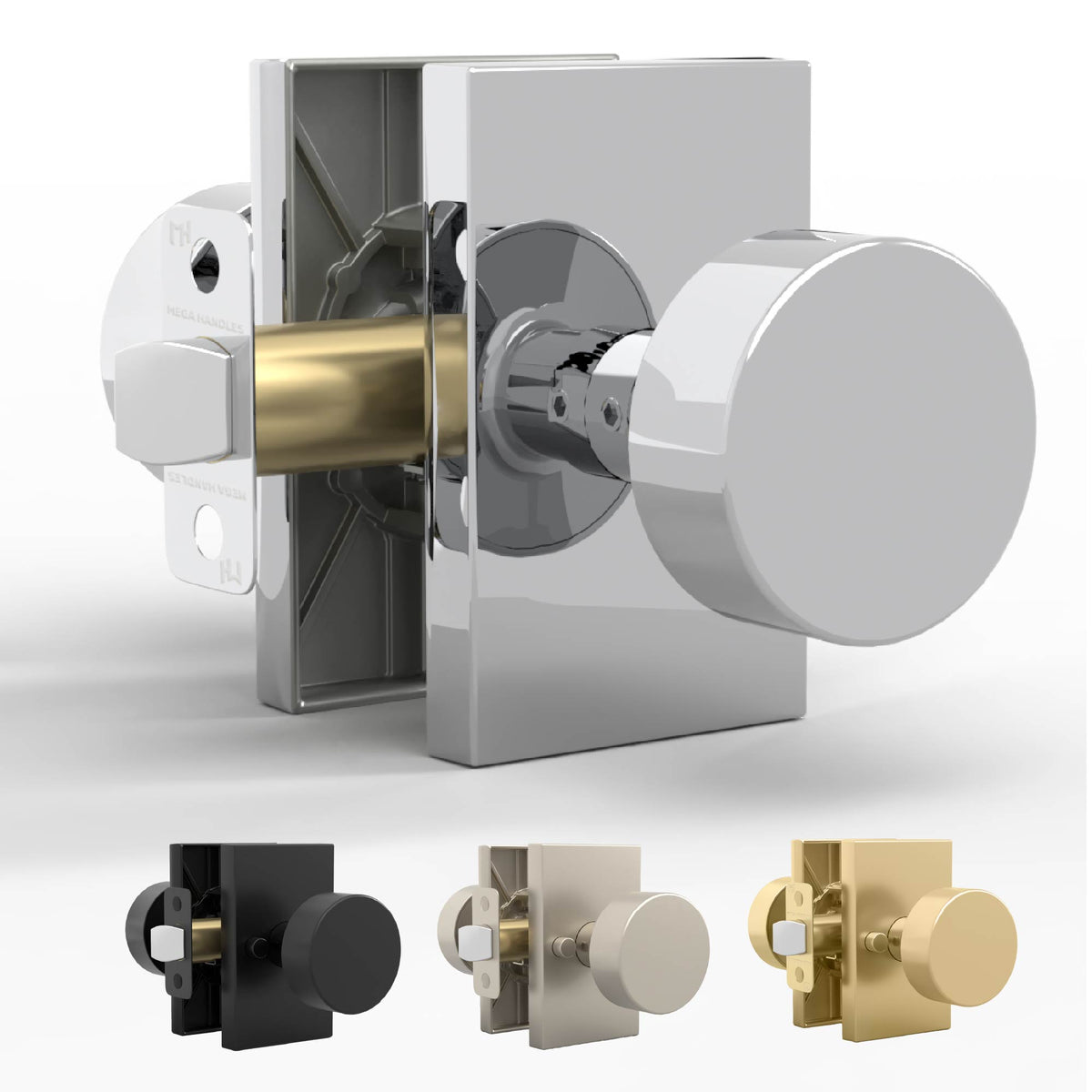 Laura Polished Chrome passage knob set with exposed latch and finish swatches