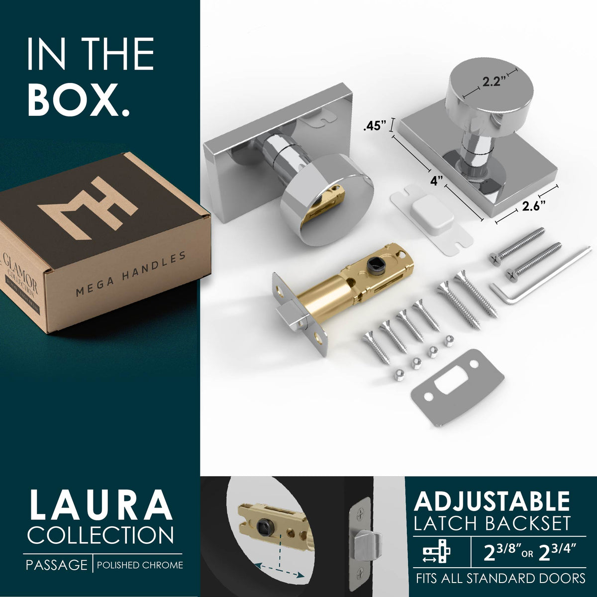 Laura Polished Chrome passage set with knob, latch, screws, tools, and packaging