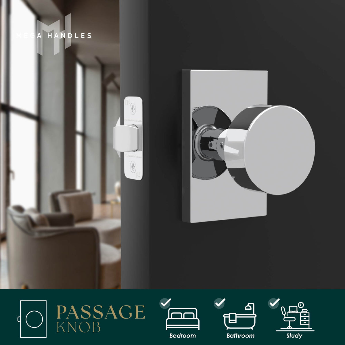 Laura Polished Chrome passage knob installed on a dark door in a lifestyle graphic