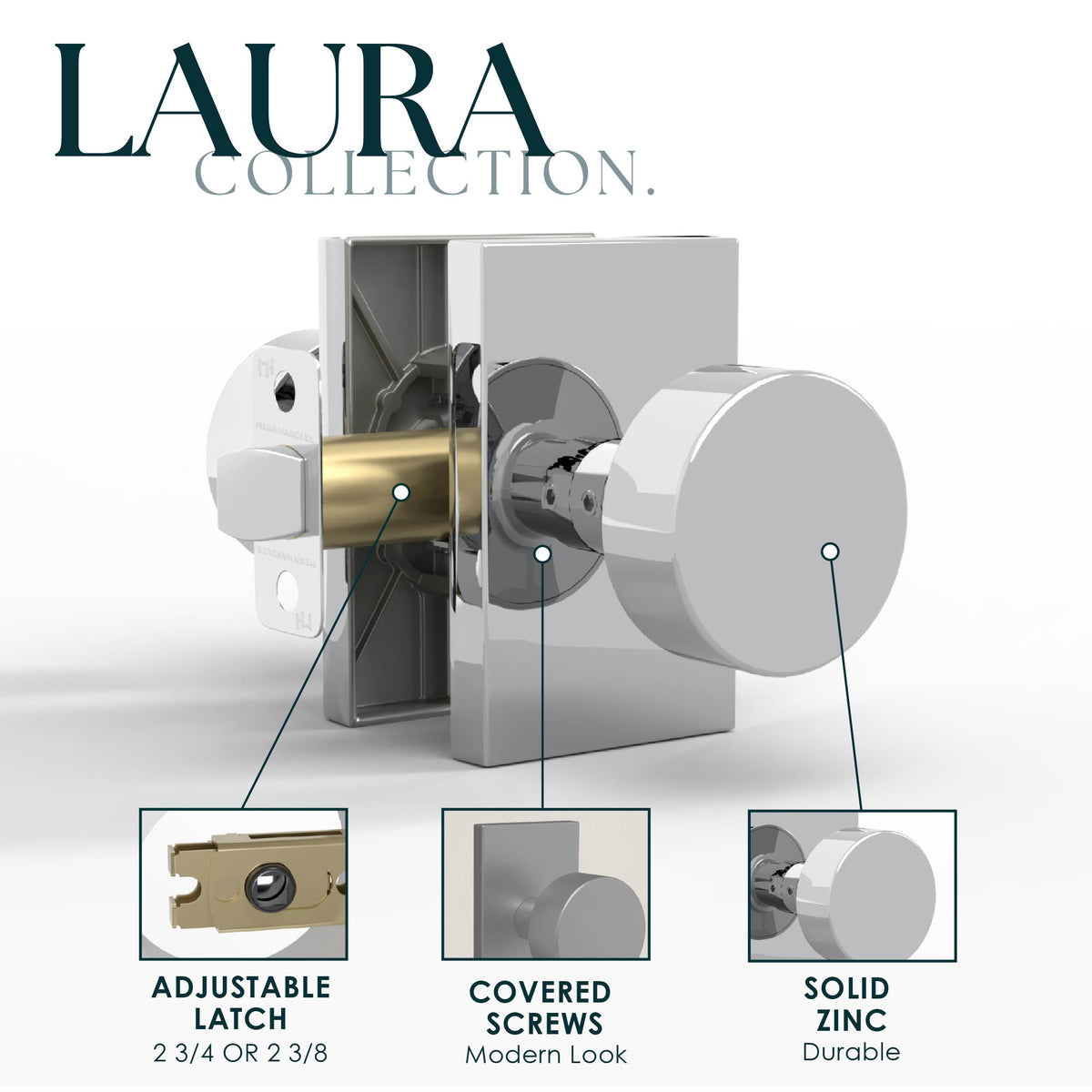 Laura Polished Chrome passage set with knob, latch, screws, tools, and packaging