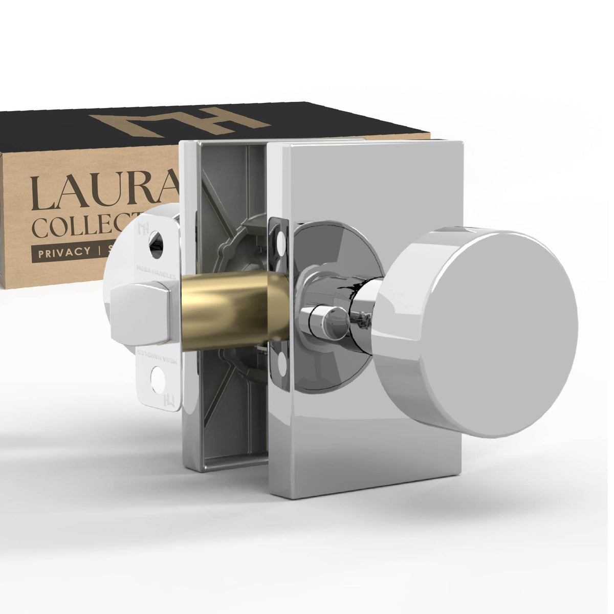 Laura Polished Chrome privacy knob set beside Laura packaging