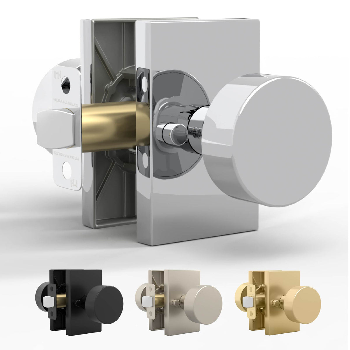 Laura Polished Chrome privacy knob set with exposed latch and finish swatches