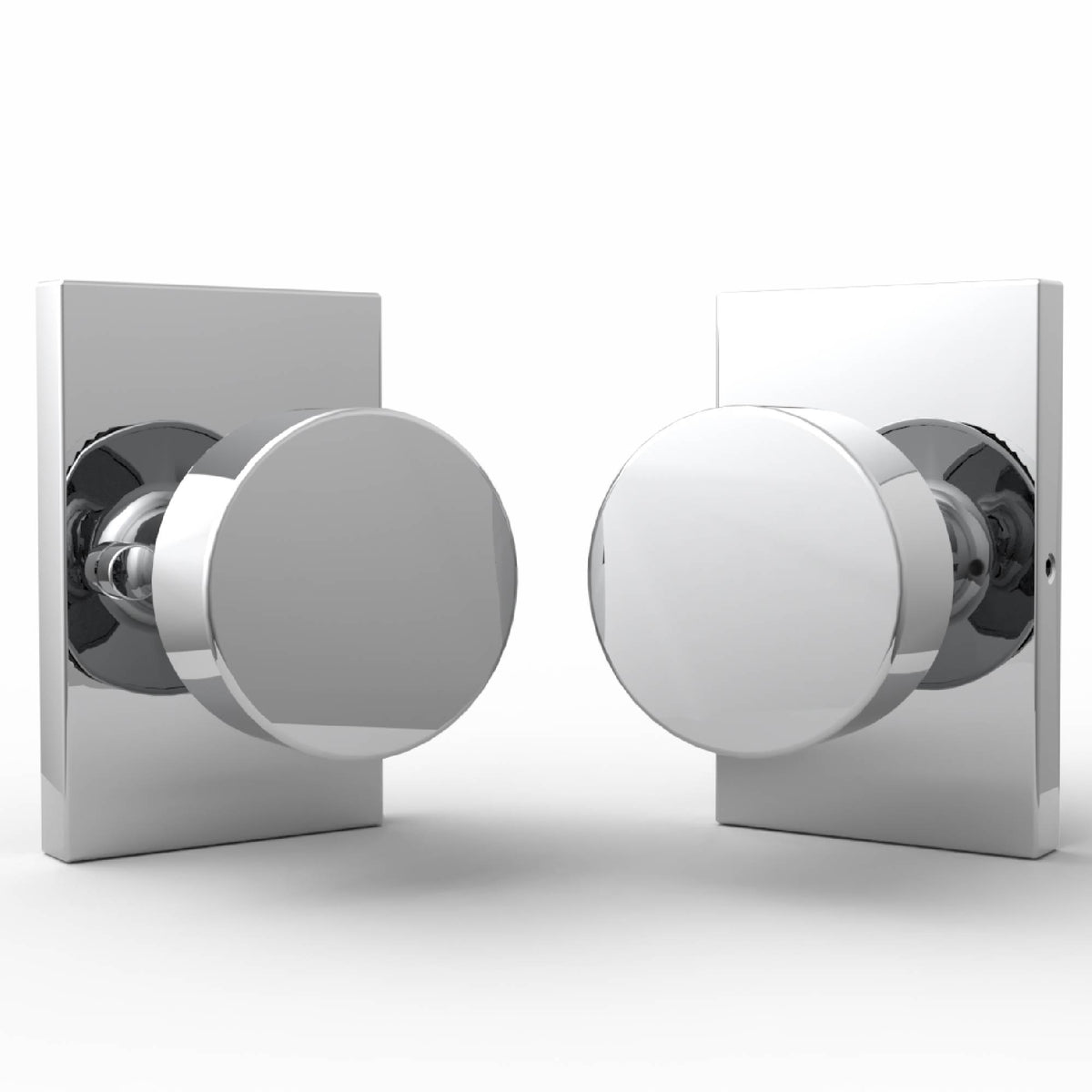 Front and rear views of Laura Polished Chrome privacy knobs on rectangular rosettes