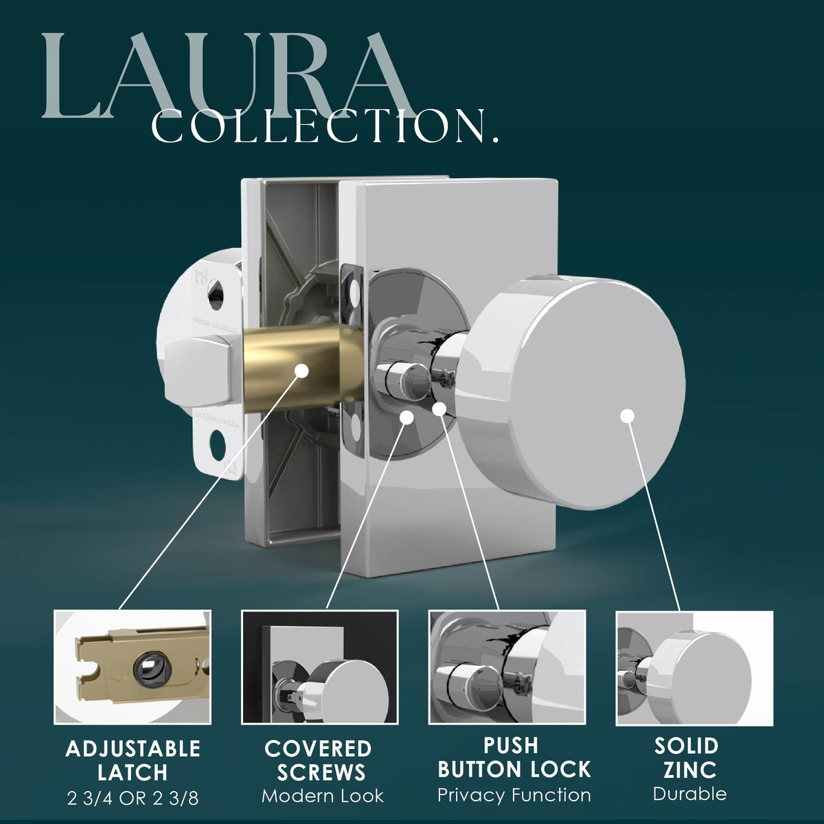 Laura Polished Chrome privacy knob feature diagram showing adjustable latch and solid zinc construction