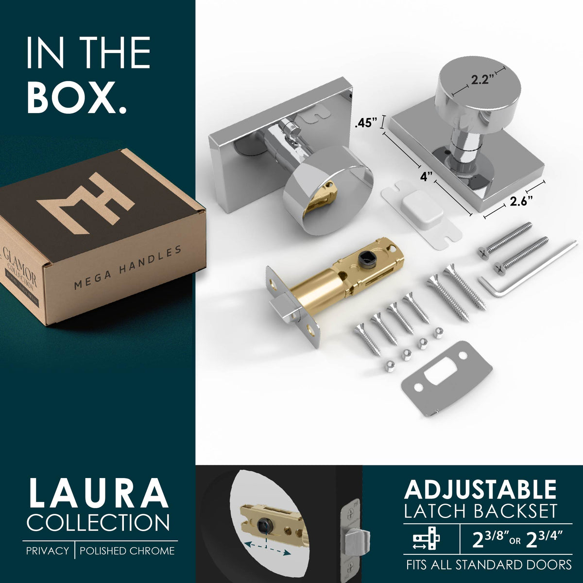 Laura Polished Chrome privacy set with knob, latch, screws, tools, and packaging