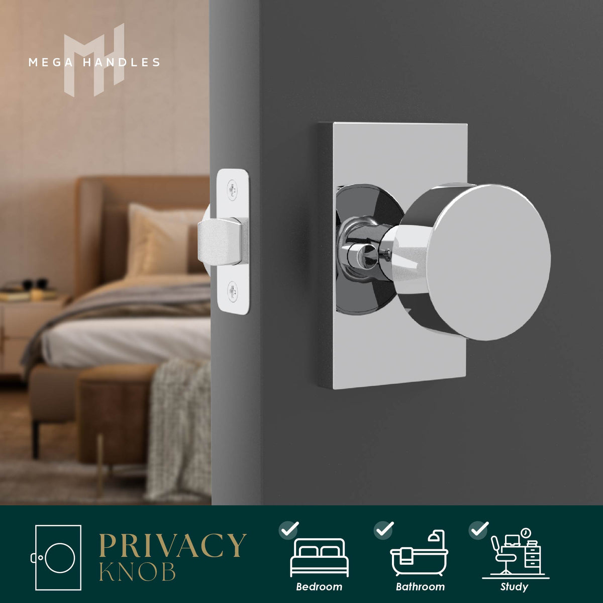 Laura Polished Chrome privacy knob installed on a dark bedroom door