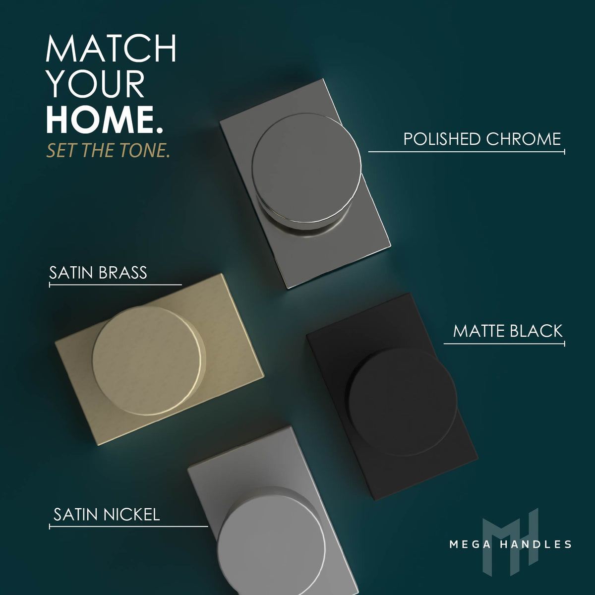 Laura finish comparison showing Satin Brass, Matte Black, Satin Nickel, and Polished Chrome knobs