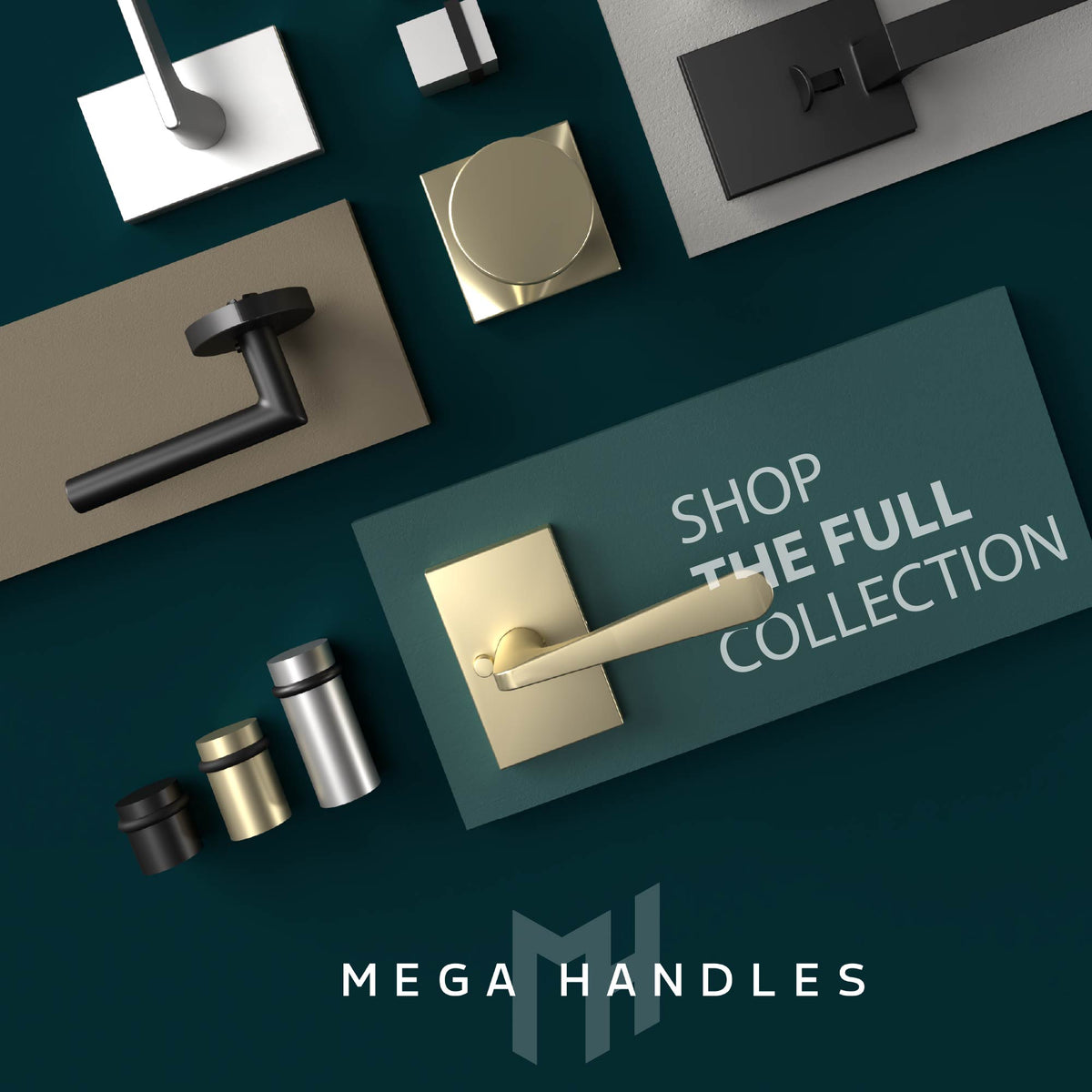 Assorted Emeluxe door handles and knobs in a collection graphic