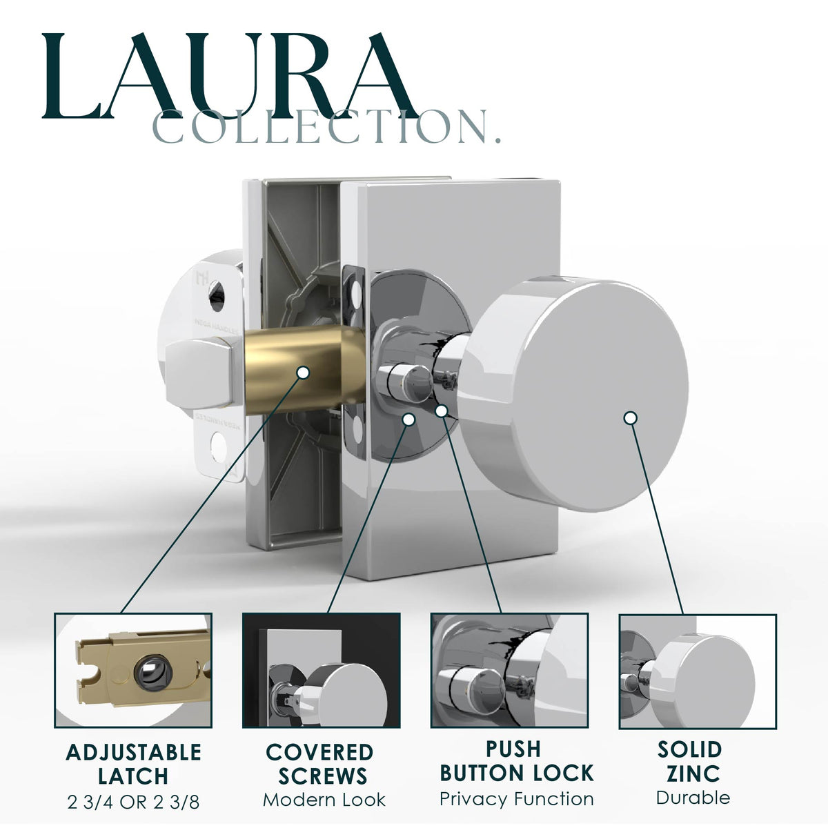 Laura Polished Chrome privacy knob feature diagram showing adjustable latch and push-button lock