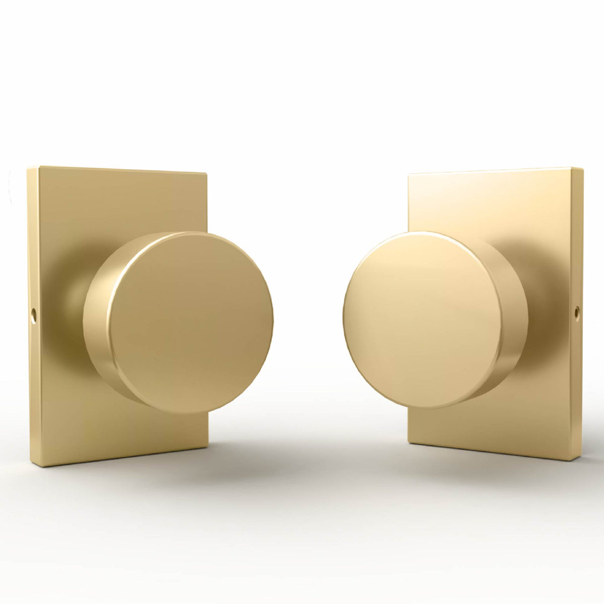 Front and rear views of Laura Satin Brass dummy knobs on rectangular rosettes