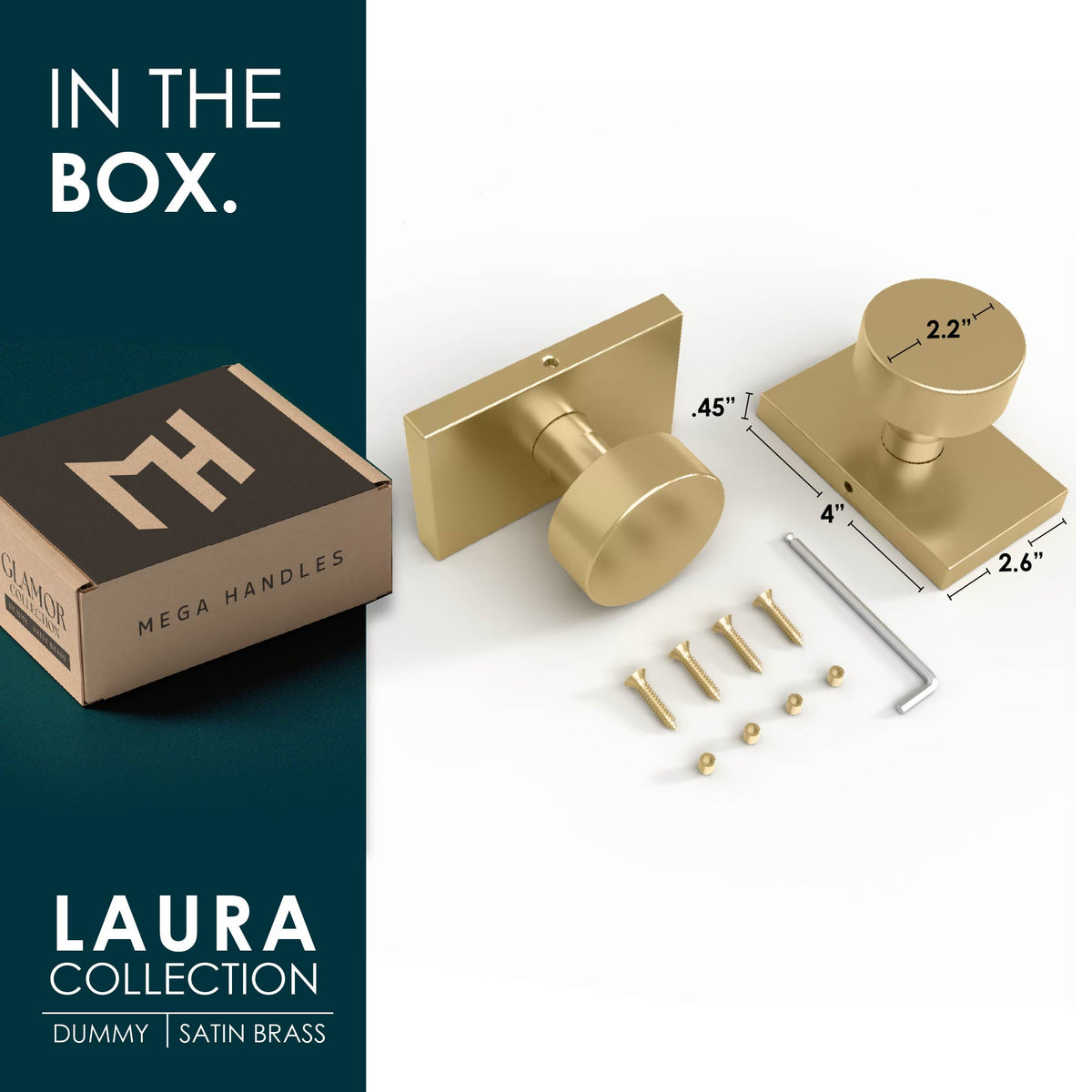 Laura Satin Brass dummy knob with packaging, mounting screws, and hex key