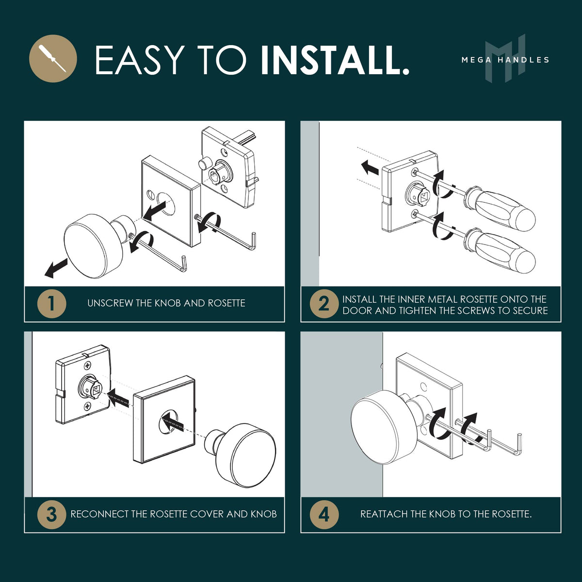 Four-step installation diagram for a Laura Satin Brass dummy knob