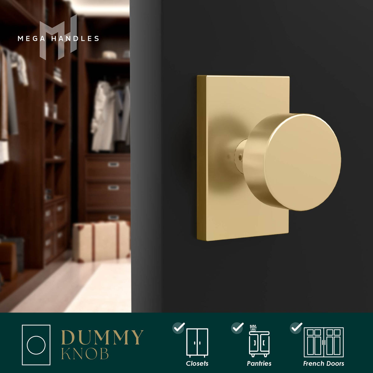 Laura Satin Brass dummy knob displayed on a dark wardrobe door