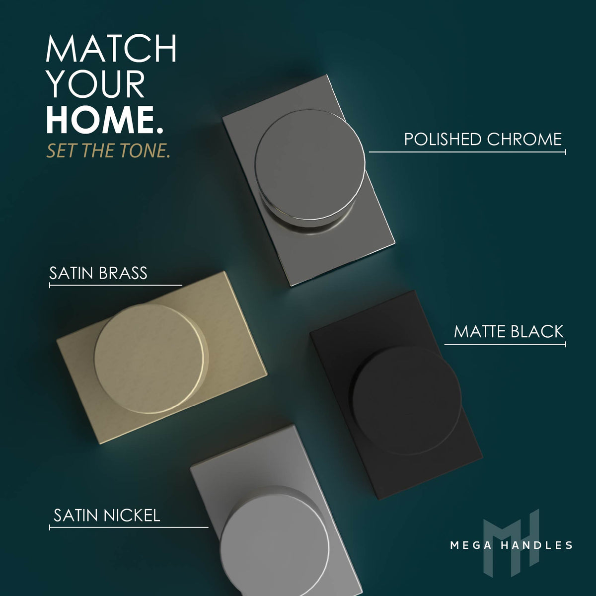 Laura finish comparison showing Satin Brass, Matte Black, Satin Nickel, and Polished Chrome knobs
