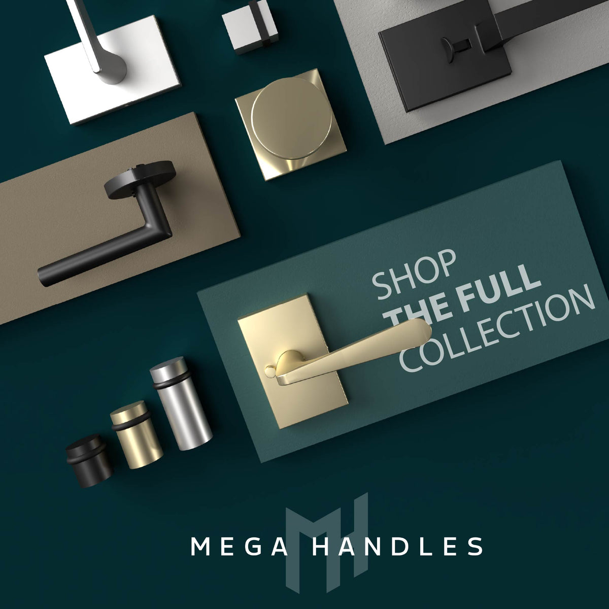 Assorted Emeluxe door hardware displayed around a Laura Satin Brass handle