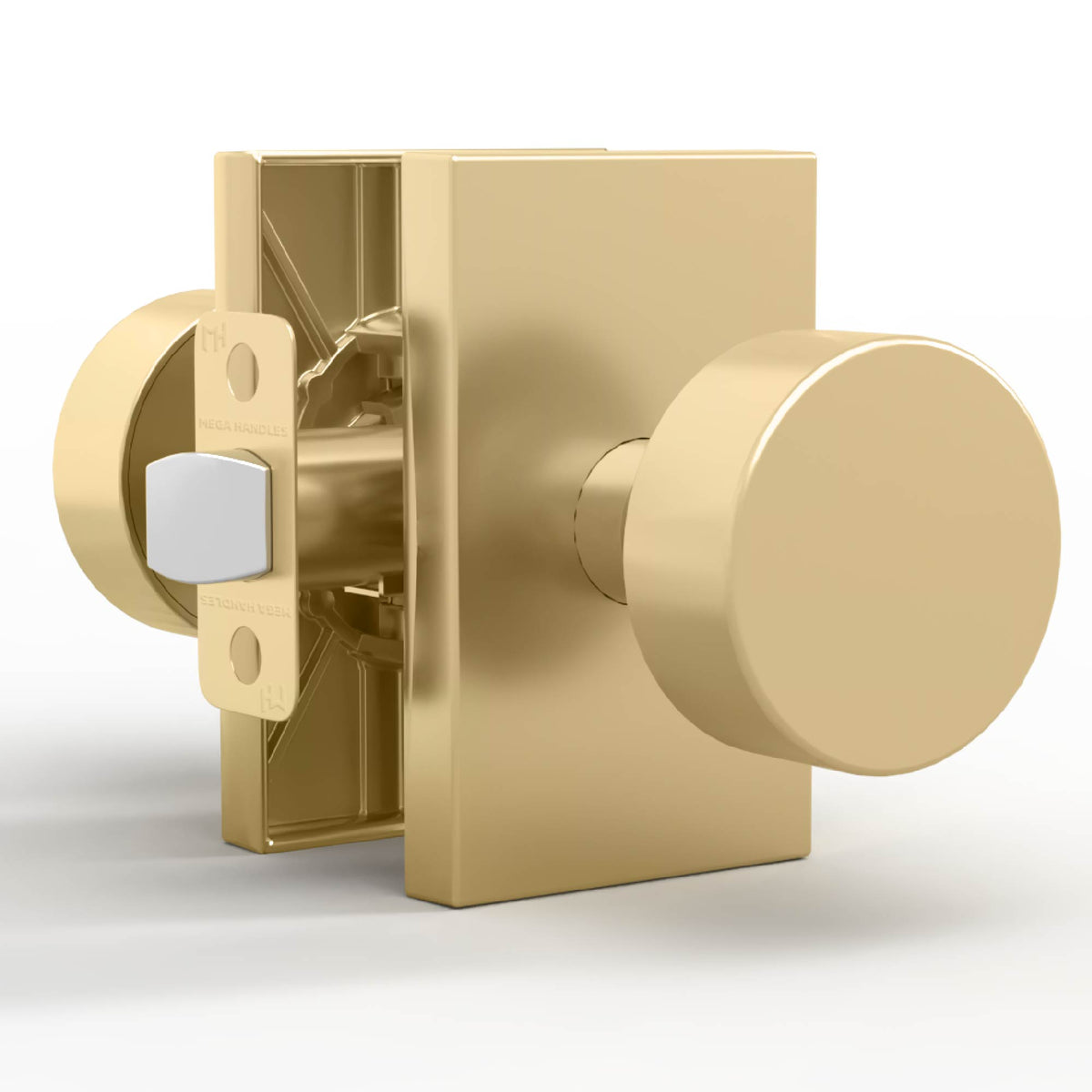 Front and rear views of Laura Satin Brass passage knobs on rectangular rosettes