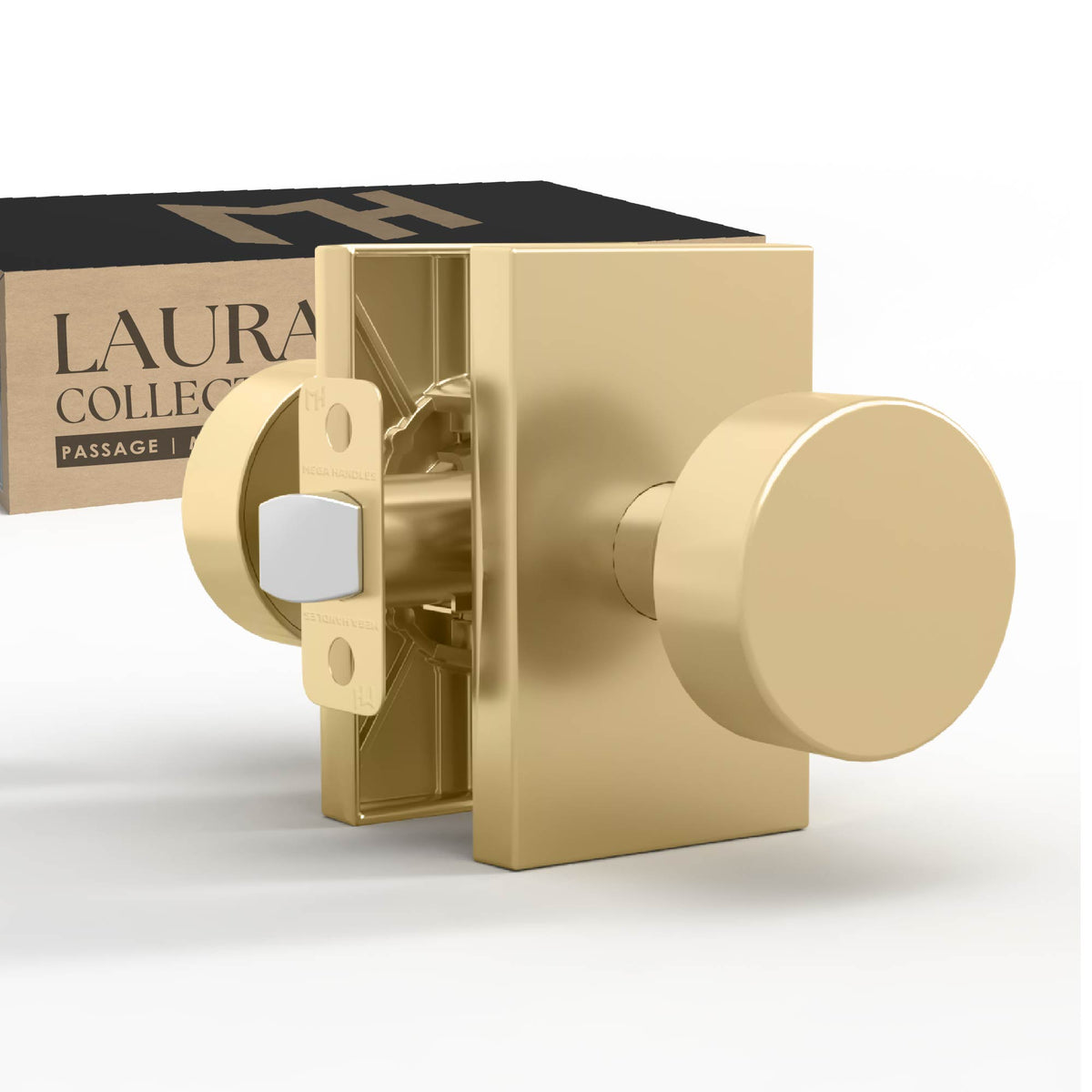 Laura Satin Brass passage set with knob, latch, screws, hex key, and packaging