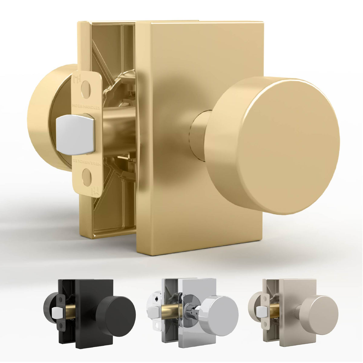 Laura Satin Brass passage knob shown on a dark interior door
