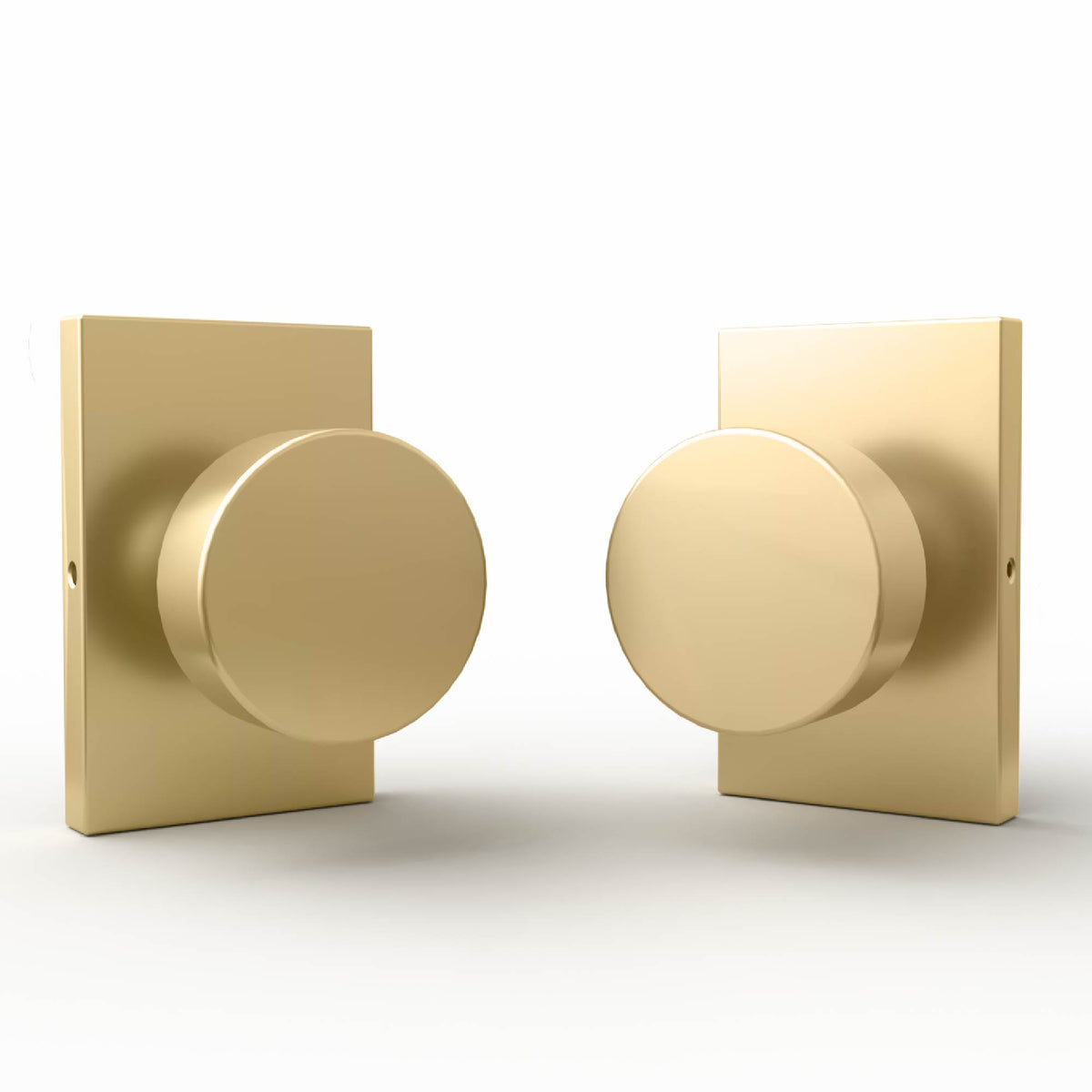 Laura Satin Brass passage knob lifestyle graphic highlighting easy installation and modern design