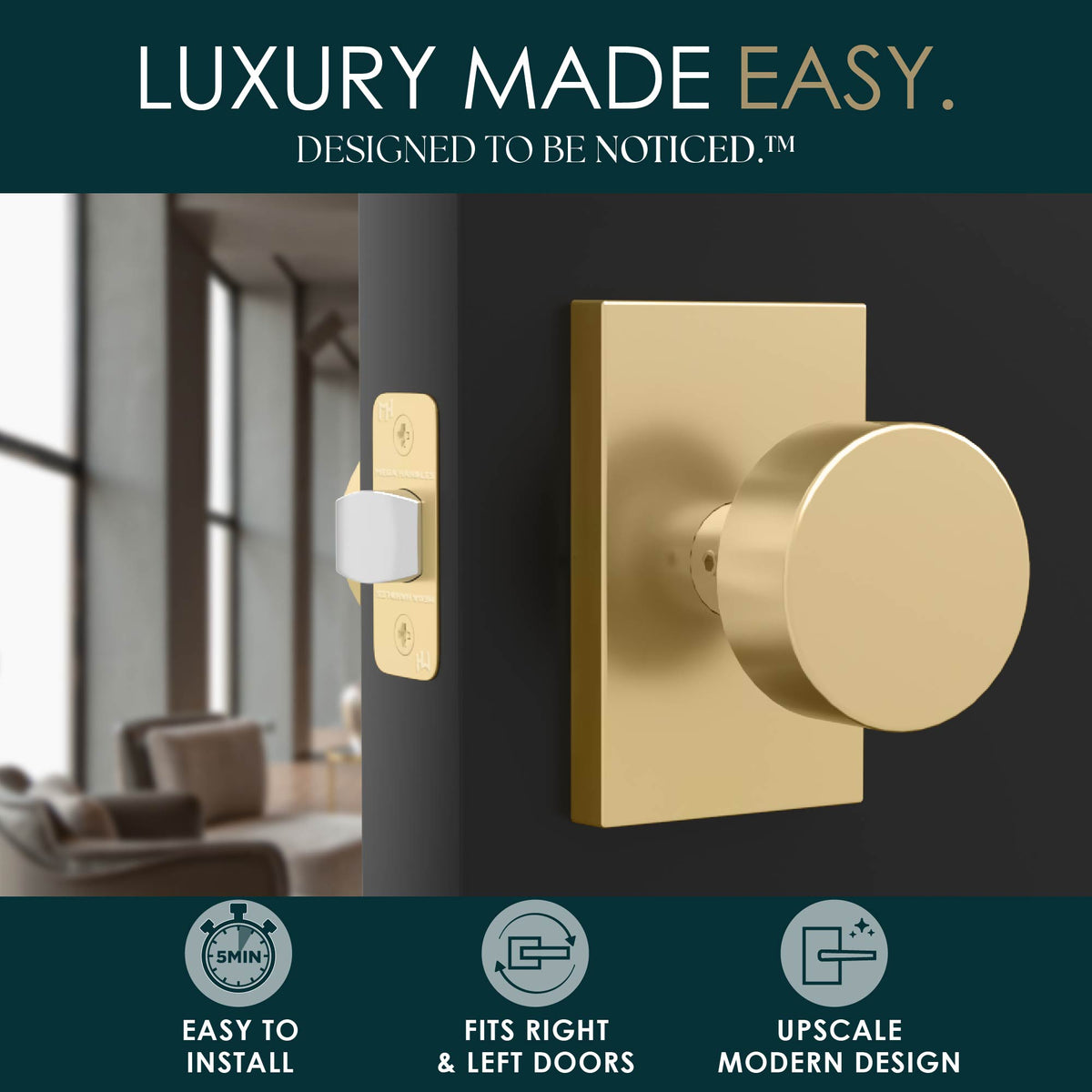 Laura Satin Brass passage knob feature diagram showing adjustable latch and solid zinc construction