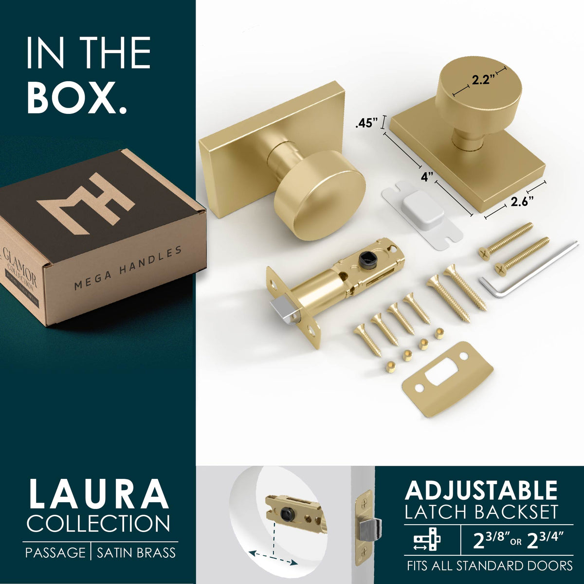 Laura Satin Brass passage set with knob, latch, screws, tools, and packaging